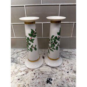 2 Lenox Hand Decorated 24K Gold Trim Holly Candlestick Holders  Table Top USA